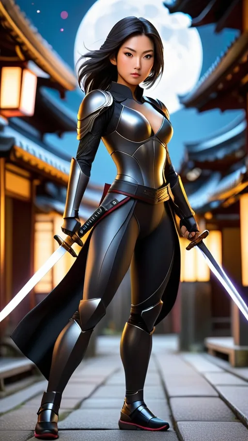 Prompt: Realistic, Highres, very detailed 
In the heart of an ancient Japanese town, where history's echoes fill the night air and the architecture tells tales of centuries past, a figure of the future stands out against the backdrop of time. She is a young female warrior, a guardian of traditions yet a herald of the future. Clad in a futuristic, technically enhanced matte black catsuit, she is a silhouette of power and grace under the moonlit sky.

This isn't just any attire; it's a masterpiece of future engineering, designed not only for stealth but for combat efficiency. The matte finish of her suit absorbs the light, making her nearly invisible in the shadowy corners of the town. Integrated within the fabric are advanced technological systems that enhance her physical capabilities, granting her speed, strength, and agility far beyond the ordinary. It's a perfect fusion of the warrior's spirit and the pinnacle of futuristic innovation.

In each hand, she wields a katana, the traditional weapon of the samurai, though these blades have been reborn through the advancements of her time. Lightweight yet incredibly strong, they are capable of cutting through the most challenging of materials, a testament to the fusion of ancient craftsmanship and future technology. The swords shimmer softly in the night, ready to defend the honor of the past and the promise of the future.

Standing tall amidst the ancient structures of the town, she bridges two worlds—the deeply rooted traditions of Japan and the boundless possibilities of the distant future. The night around her is still, but the energy of her presence charges the air. She is more than a warrior; she is a symbol of resilience, a protector of both history and the advancements that lie ahead. In this moment, under the watchful eye of the stars, she is the embodiment of a legacy that refuses to be forgotten, armed and ready to face whatever the future holds.