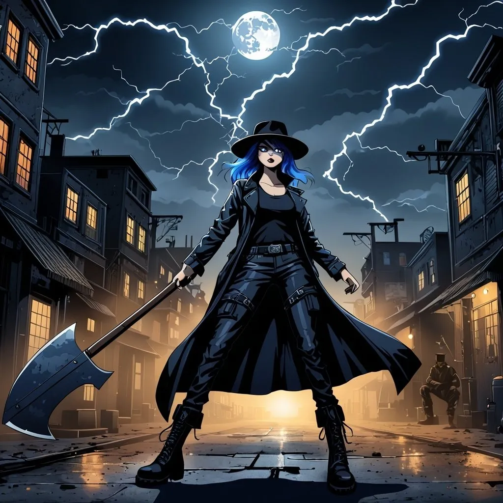 Prompt: Anime illustration of A mysterious woman with navy blue hair on a cyberpunk and steam punk scene. She is wearing a black fedora hat, a long black leather trenchcoat with a marshal star,  blue with black t-shirt, black cargo pants and black tactical boots. She is armed with a battle axe. Empty western town at midnight with lightnings striking down around her, dramatic lighting, full moon. Highres, masterpiece, detailed face, detailed hair, detailed eyes, detailed body.