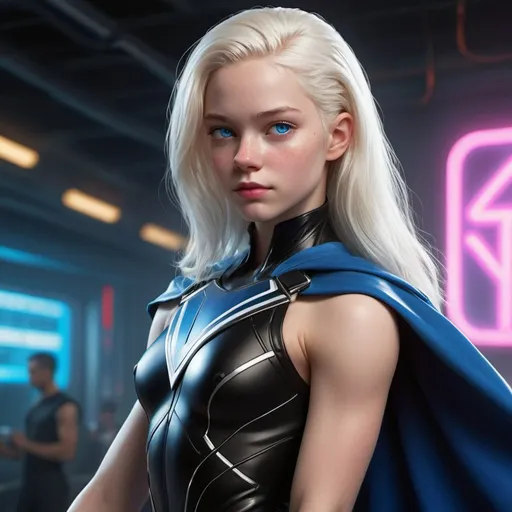 Prompt: High resolution, exceptional detail, ultra-high quality, Photorealistic, full body. Set against the backdrop of a neon-lit future, an 18-year-old teenage superheroine with a youthful face radiates both innocence and formidable strength. Her albino-like visage—bright white skin, radiant white hair, and striking, vibrant blue eyes—stands in sharp contrast to her environment. She is clad in a sleek black leotard, intricately adorned with illuminated technical accents that meticulously highlight her abs and the subtle nuances of her form. The leotard is emblazoned with Thor's hammer as her logo, a testament to her unyielding strength and valor. Completing her ensemble is a flowing black cape and stylish knee-high boots with heels, which marry elegance with combat readiness. Her attire not only speaks to her power and warmth but also to her readiness to face any challenge.

Exceptional attention is demanded for her face, where the highest level of realism is crucial. Her facial features—captivating vibrant blue eyes, soft vibrant pink lips, playful dimples, and a delicate dusting of freckles—must be rendered with unparalleled clarity and lifelike detail. These features together mirror her sweet, friendly nature and her indomitable spirit. This detailed attention extends to the illuminated aspects of her outfit, underscoring the approachable yet formidable essence of her character. The rendering should achieve a level of realism that brings her to life, ensuring that her expressions and features resonate with vivid detail and authenticity.