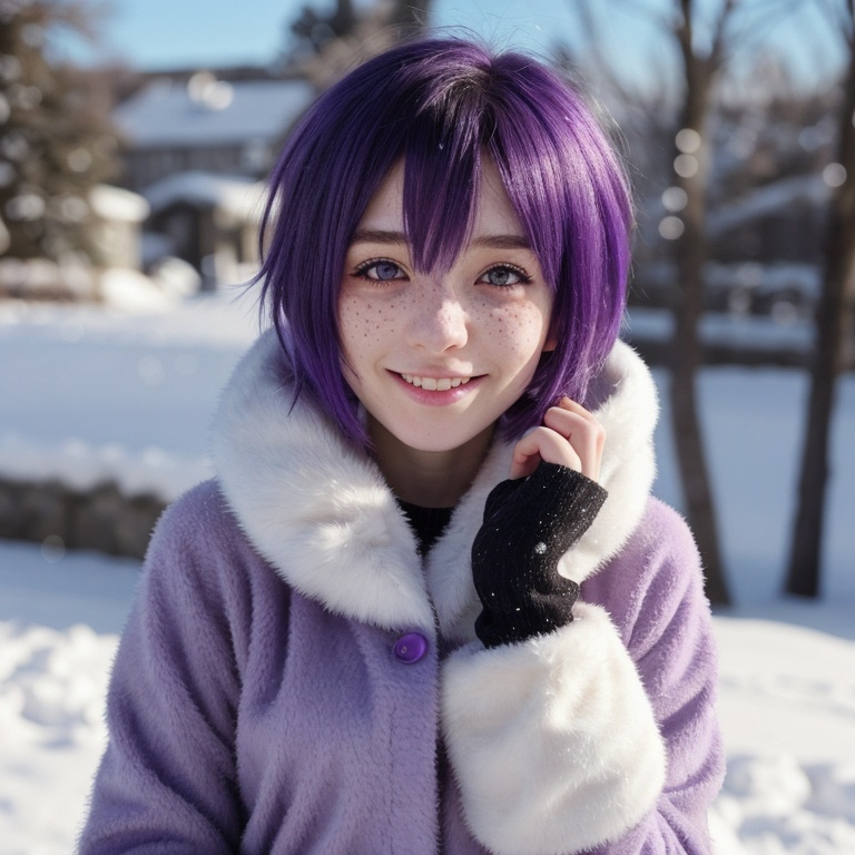 Prompt: Full body. Breathtakingly cute anime illustration of a skinny girl, friendly and happy expression, ice-cold white skin, purple hair, freckles, dimples, short messy hair, cold winter morning, highres, ultra-detailed, anime, cute, liquid material, purple hair, freckles, cold, skin-tight, winter morning, soft lighting