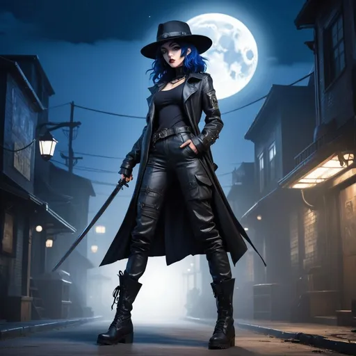 Prompt: Anime illustration of A mysterious woman with navy blue hair on a cyberpunk and steam punk scene. She is wearing a black fedora hat, a long black leather trenchcoat with a marshal star,  blue with black t-shirt, black cargo pants and black tactical boots. She is armed with a longsword. Empty western town at midnight, dramatic lighting, full moon. Highres, masterpiece, detailed face, detailed hair, detailed eyes, detailed body.
