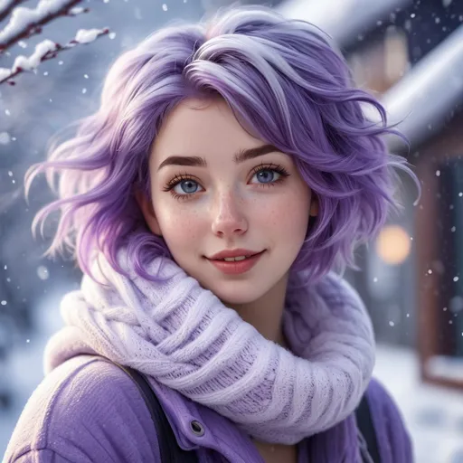 Prompt: Breathtakingly cute girl.with a curvy body, friendly and happy expression, ice-cold white skin, purple hair, freckles, dimples, short messy hair, cold winter morning, highres, ultra-detailed, realistic, cute, ultra detailed, purple hair, freckles, cold winter morning, snow storm, soft lighting
