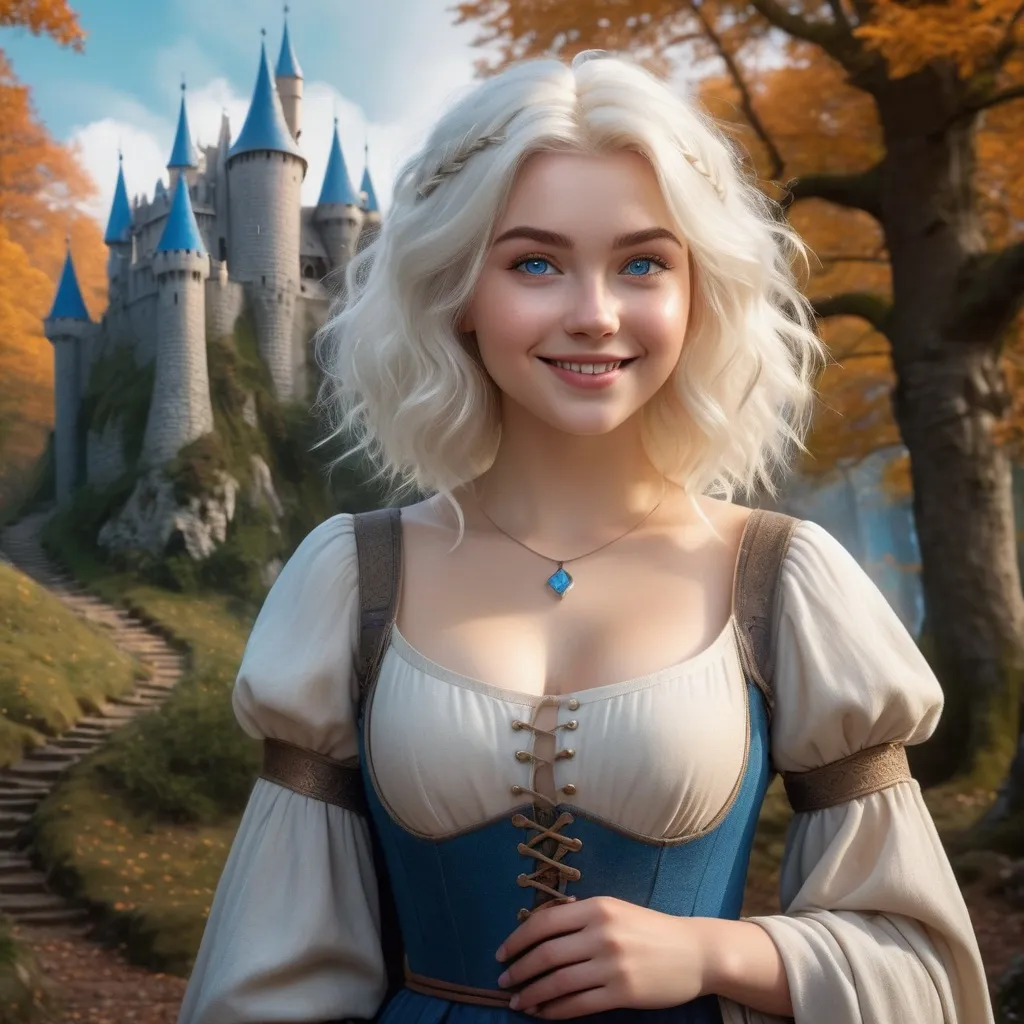 Prompt: realistic curvy  magical wizard woman, short Messy hair, bright white blonde hair, cute and friendly smile, blue eyes, standing tall in a mystical forest, dimples, freckles, shy, innocent, medieval castle in the background, highres, ultra-detailed, fantasy, magical, mystical forest, cute and friendly, detailed eyes, medieval castle, atmospheric lighting