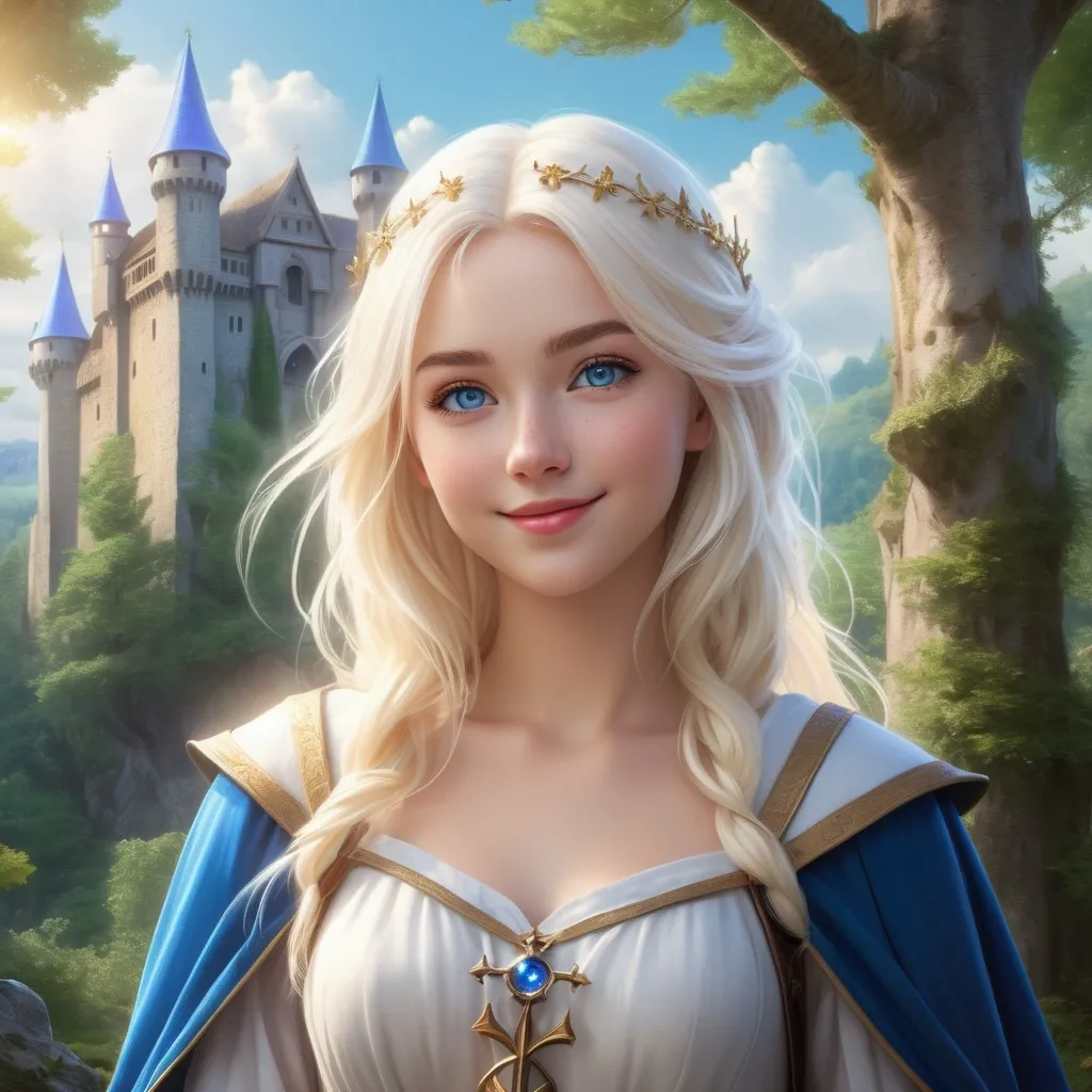 Prompt: Hyper realistic Anime illustration of a young magical wizard girl, bright white blonde hair, cute and friendly smile, blue eyes, standing tall in a mystical forest, dimples and freckles, shy, innocent, angelic aura, medieval castle in the background, highres, ultra-detailed, anime, fantasy, magical, mystical forest, cute and friendly, detailed eyes, shy and innocent, angelic aura, medieval castle, atmospheric lighting