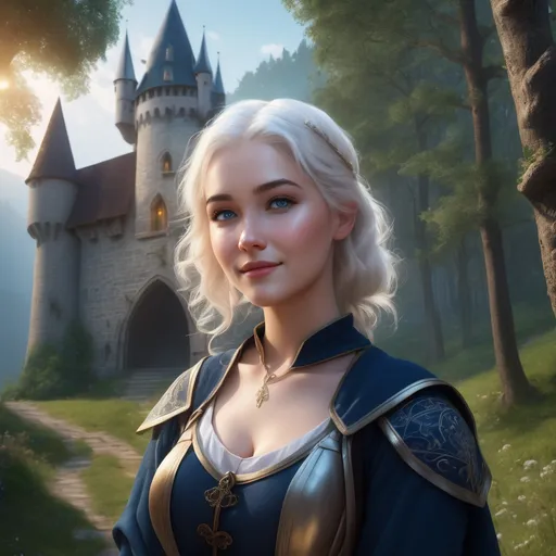 Prompt: realistic curvy  magical wizard woman, short Messy hair, bright white blonde hair, cute and friendly smile, blue eyes, standing tall in a mystical forest, dimples, freckles, shy, innocent, medieval castle in the background, highres, ultra-detailed, fantasy, magical, mystical forest, cute and friendly, detailed eyes, medieval castle, atmospheric lighting