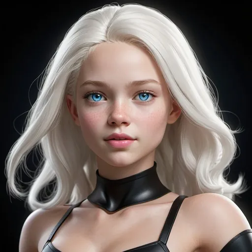 Prompt: High resolution, exceptional detail, high quality, Photorealistic. In a neon-lit future, a teenage superheroine of 18 years, embodying both innocence and strength, stands out with her albino-like features: her skin is a luminous bright white, complemented by radiant white hair and striking vibrant blue eyes. She wears a sleek black leotard adorned with illuminated technical accents that highlight her abs, female curves, and the nuances of her physique. Her ensemble is completed by a flowing black cape and stylish knee-high boots with heels, blending elegance with combat readiness. Her attire is a testament to her strength and warmth. Pay special attention to her face—it must be rendered with utmost detail, capturing the kindness in her vibrant blue eyes, the softness of her vibrant pink lips, the playful charm of her dimples, and the delicate scattering of freckles. Her face is a critical focal point, reflecting her adorable, sweet, and friendly nature. Emphasize the illuminated details of her outfit and the powerful yet approachable essence of her character, ensuring her facial expressions and features are depicted with exceptional clarity and realism.