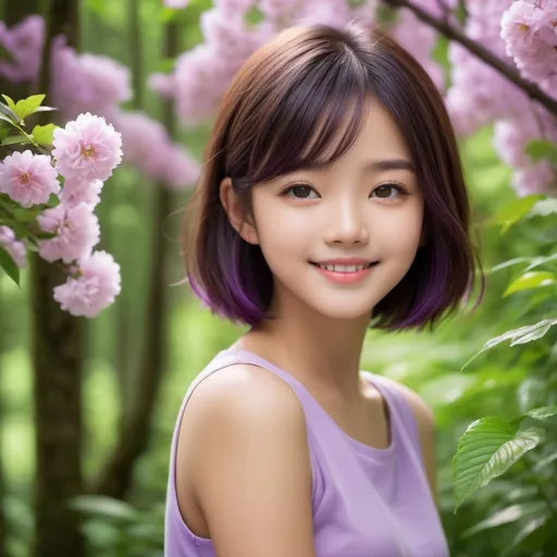 Prompt: Create a high-resolution, photorealistic portrait set in a vibrant, green forest that serves as a serene backdrop, highlighting a breathtakingly cute, petite, and sweet Japanese teenage girl. Her entire head is framed perfectly to showcase her short, messy hair, a dazzling mix of purple and violet, fully within the portrait, ensuring no detail is lost. Her warm brown eyes twinkle with curiosity and innocence, and her lips, fuller and softly pink, curve into a friendly and cute smile that radiates warmth and comfort. She wears a plain top, chosen for its simplicity to ensure that the viewer's focus remains unswervingly on her angelic smile and the comforting, cozy aura she exudes. This girl's presence is like a beacon of joy in the lush forest setting, making her seem like a part of the natural beauty around her. Her smile and the light in her eyes offer a heartwarming invitation to forget the world's troubles, capturing the essence of innocence and the pure joy of life in her unforgettable expression.