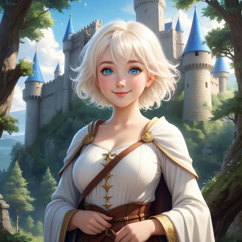 Prompt: Hyper realistic Anime illustration of a curvy  magical wizard woman, short Messy hair, bright white blonde hair, cute and friendly smile, blue eyes, standing tall in a mystical forest, dimples and freckles, shy, innocent, angelic aura, medieval castle in the background, highres, ultra-detailed, anime, fantasy, magical, mystical forest, cute and friendly, detailed eyes, medieval castle, atmospheric lighting