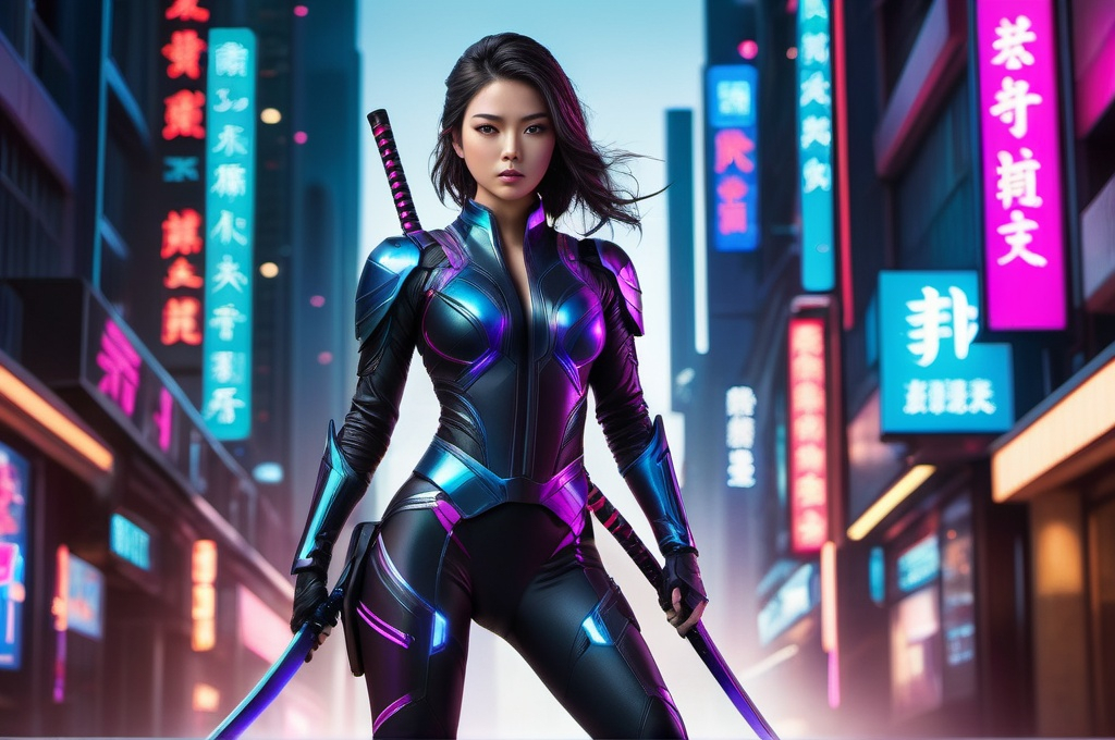 Prompt: Full body visible, detailed face, 8k, high quality, high resolution.
Envision a scene illuminated by the neon glow of a futuristic cityscape, where a young female ninja stands in full view, from head to toe. In her grip is a traditional katana, its blade gleaming sharply, a testament to her mastery and the bridge between her ancient heritage and the high-tech world she navigates. This weapon, an elegant symbol of her prowess, contrasts vividly against her modern attire.

She's outfitted in a skintight suit that blends seamlessly with the advanced urban environment. This suit, a marvel of future fashion, is enhanced with sleek armor pieces that offer protection without sacrificing mobility, designed to accentuate her agile form. Embedded within the fabric are technical enhancements that emit pulsating light patterns, signifying the suit's augmented capabilities such as enhanced strength, speed, and perhaps even stealth technology that allows her to meld into the shadows or become nearly invisible.

Her uncovered face reveals a determined gaze, possibly augmented with cybernetic enhancements, suggesting she possesses abilities far beyond the ordinary. Her hair, practical yet stylish, complements her dynamic silhouette, ensuring that nothing hinders her swift movements.

This image captures the essence of a warrior who straddles two worlds: the ancient and the futuristic, symbolized by the katana in her hand and the high-tech gear she dons. It's a vivid portrayal of tradition and modernity, of elegance and efficiency, making her a formidable figure in this neon-lit urban jungle.