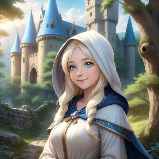 Prompt: Hyper realistic Anime illustration of a curvy young magical wizard girl, bright white blonde hair, hooded, cute and friendly smile, blue eyes, standing tall in a mystical forest, dimples and freckles, shy, innocent, angelic aura, medieval castle in the background, highres, ultra-detailed, anime, fantasy, magical, mystical forest, cute and friendly, detailed eyes, shy and innocent, angelic aura, medieval castle, atmospheric lighting