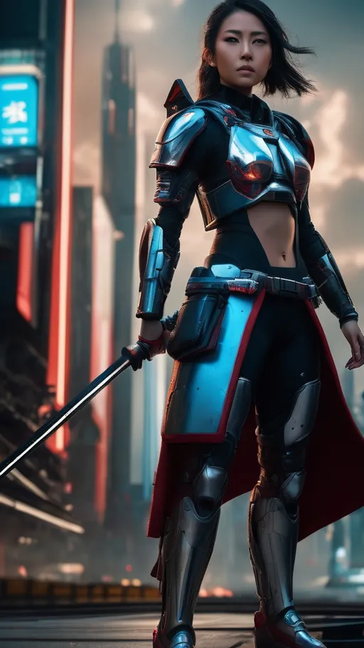 Prompt: Futuristic Japanese female warrior in photorealism, advanced sci-fi scene, detailed matte black armor with technical enhancements lighting blue and red, high quality, photorealism, futuristic, Japanese warrior,armed with a traditional Katana, female, advanced technology, detailed scene, sci-fi, distant future, warrior, detailed facial features, atmospheric lighting, cybernetic enhancements, intricate details, futuristic cityscape, photorealistic rendering, intense and focused gaze, high-tech weaponry