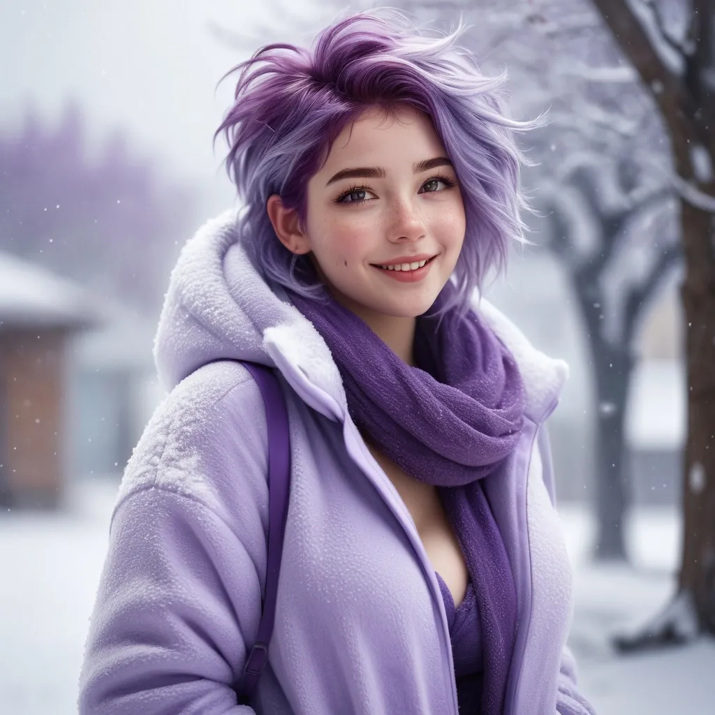 Prompt: Full body. Breathtakingly cute girl.with a curvy body, friendly and happy expression, ice-cold white skin, purple hair, freckles, dimples, short messy hair, cold winter morning, highres, ultra-detailed, realistic, cute, ultra detailed, purple hair, freckles, cold winter morning, snow storm, soft lighting