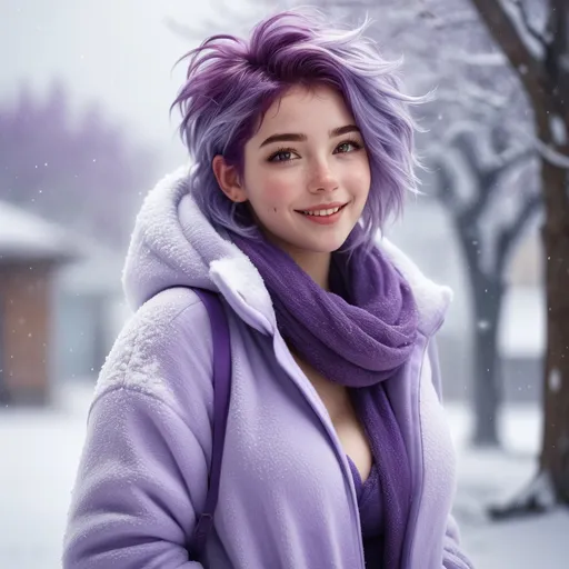 Prompt: Full body. Breathtakingly cute girl.with a curvy body, friendly and happy expression, ice-cold white skin, purple hair, freckles, dimples, short messy hair, cold winter morning, highres, ultra-detailed, realistic, cute, ultra detailed, purple hair, freckles, cold winter morning, snow storm, soft lighting