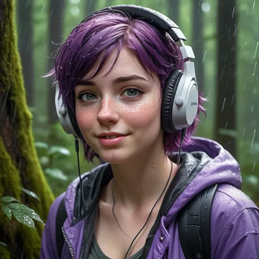 Prompt: Breathtakingly cute girl.with a curvy body, friendly and happy expression, pale freckles skin , purple hair, freckles, dimples, short messy hair, heavy rain, in forest, highres, ultra-detailed, realistic, cute, ultra detailed, purple hair, freckles. Wearing headphones. Listening to heavy metal music, pouring rain, wet, soft lighting