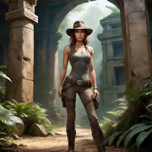 Prompt: Imagine a hyper-realistic, high-resolution image of a powerful woman from a distant future, channeling the essence of both Lara Croft and Indiana Jones. Aged 25 to 30, she possesses a sporty, narrow, and petite physique that exudes strength and agility. Her outfit blends iconic elements of both adventurers, reimagined for the future: a sleek, functional bodysuit that adapts to her movements, made from advanced materials, and equipped with integrated technology for exploration. Complementing her attire is a weathered, brown Fedora hat, a nod to Indiana Jones, which adds an air of ruggedness and mystery to her character. She is equipped with a utility belt and harness that include futuristic gadgets and tools essential for her explorations.

She stands at the entrance of ancient temple ruins, now overgrown and part of a lush, dense jungle. The ruins are illuminated by dappled sunlight filtering through the foliage, highlighting the intricate stone carvings and vegetation that have reclaimed the structures over millennia. This adventurer is poised and ready for action, her gaze determined and curious as she prepares to delve into the secrets of the past. The scene is meticulously rendered in hyper-realistic detail, emphasizing the textures of her suit, the patina on her hat, and the vibrant, mysterious environment around her.