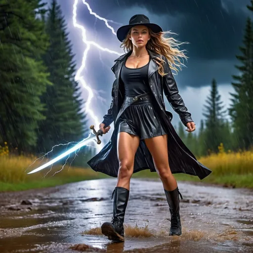 Prompt: Full body young girl, innocent, beauty, cute, highlander, McLeod, pouring rain, soaked attire, black coat, black hat, sword, wet, epic thunderstorm, lightning, thunder, forest, joy, happiness, fun, fitness, sporty, purity, love, sweetness, perfection, highres, detailed, realistic, vibrant, fantasy, epic lighting, dramatic, colorful, stormy atmosphere, athletic physique, professional, natural beauty