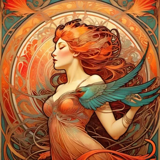 Prompt: Alphonse Mucha Style, art nouveau illustration of a fire spewing bird  , thick lines, intricate details, beautiful colors
