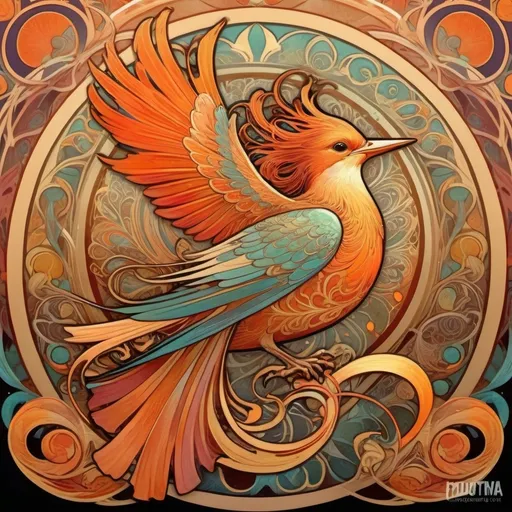 Prompt: Alphonse Mucha Style, art nouveau illustration of a fire spewing bird  , thick lines, intricate details, beautiful colors
