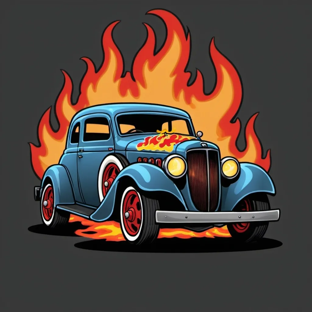 Prompt: create a thumbnail image to use for an ESPN Fantasy Football logo of a jalopy with flames in a cartoon style
