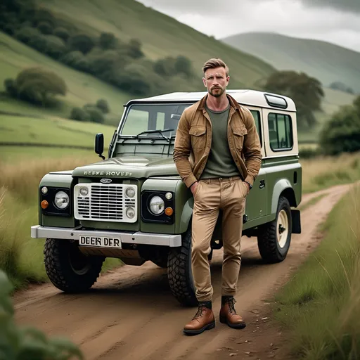 Prompt: (The Alex King character), standing confidently beside a rugged vintage Land Rover Defender, detailed facial features involving a resolute expression, dressed in casual outdoor attire, earthy color tones and textures, rich natural textures, surrounded by a lush green countryside backdrop, conveying a sense of adventure and nostalgia, beautifully composed with a sense of depth, ultra-detailed, cinematic quality.