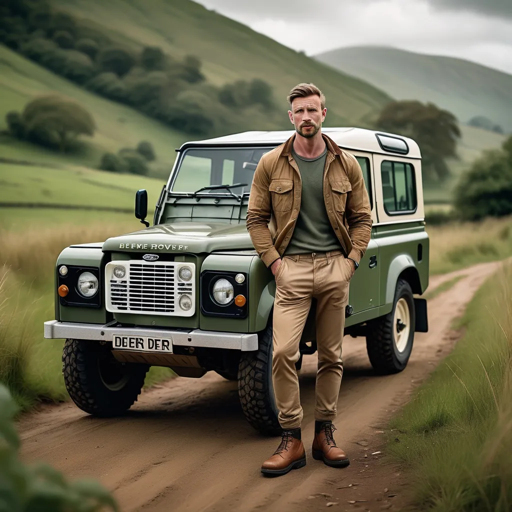 Prompt: (The Alex King character), standing confidently beside a rugged vintage Land Rover Defender, detailed facial features involving a resolute expression, dressed in casual outdoor attire, earthy color tones and textures, rich natural textures, surrounded by a lush green countryside backdrop, conveying a sense of adventure and nostalgia, beautifully composed with a sense of depth, ultra-detailed, cinematic quality.