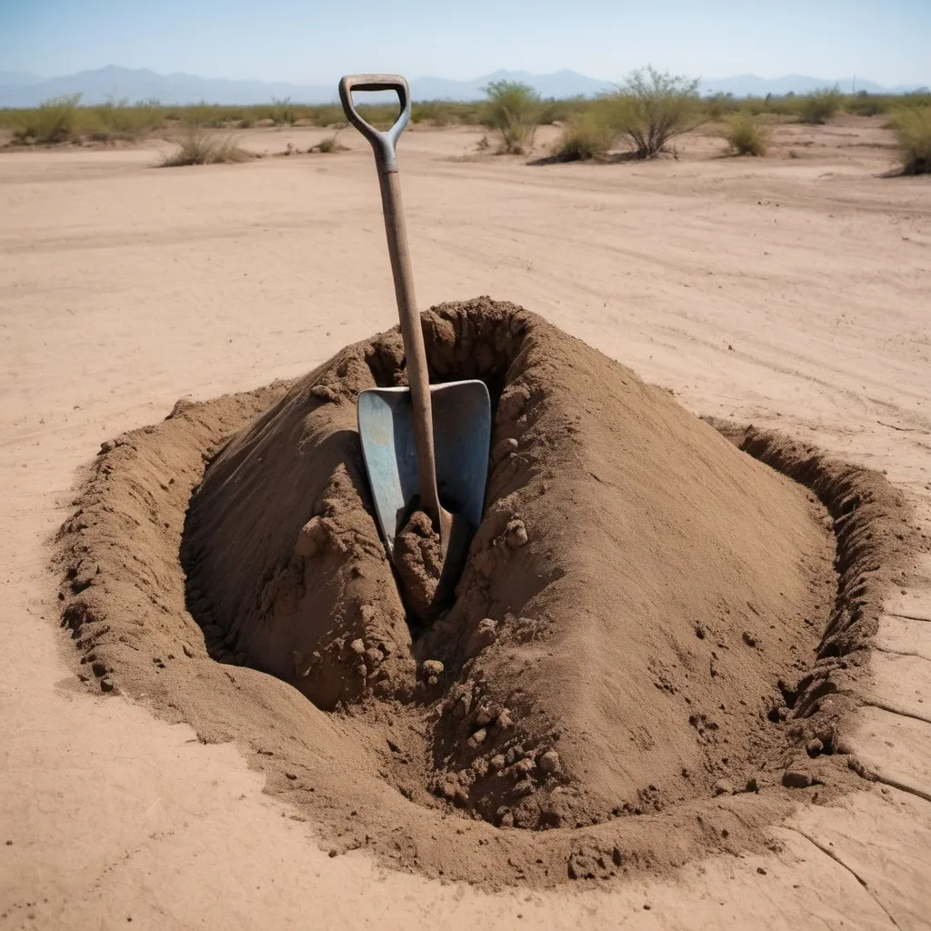 Prompt: in the Mexican desert a mound of dirt from a shallow grave with a shovel sticking out
