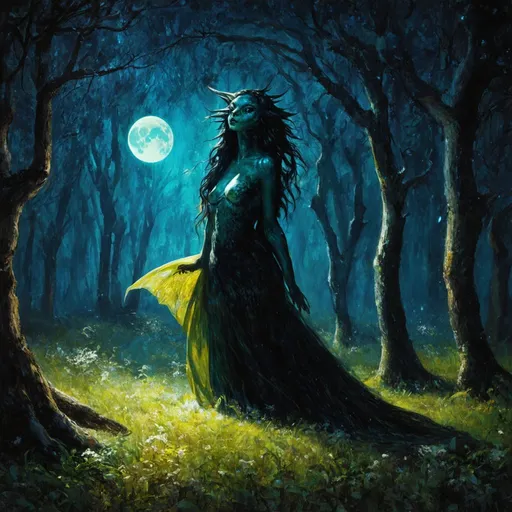 Prompt: siren creature in a silent wood with a moon shine