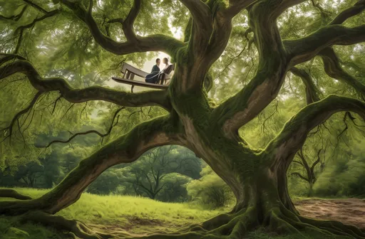 Prompt: Amidst a lush natural landscape, a striking scene unfolds on a sprawling tree, its gnarled branches creating a dramatic focal point. The setting is rich with verdant greens, evoking a sense of tranquility and harmony with nature. Perched upon the sturdy limb of the tree, a man reclines casually in a dark green coat, while a woman stands confidently above him, adorned in a matching ensemble that blends seamlessly into the verdant surroundings. The soft, diffused light bathes the scene in a warm glow, enhancing the earth-toned textures of the tree and the grassy terrain below. This composition exudes an intertwined sense of elegance and wilderness, capturing a moment of poised serenity amidst the embrace of nature.