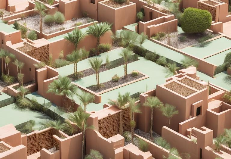 Prompt: desert, palms, green roof, oasis, jali screen facade
