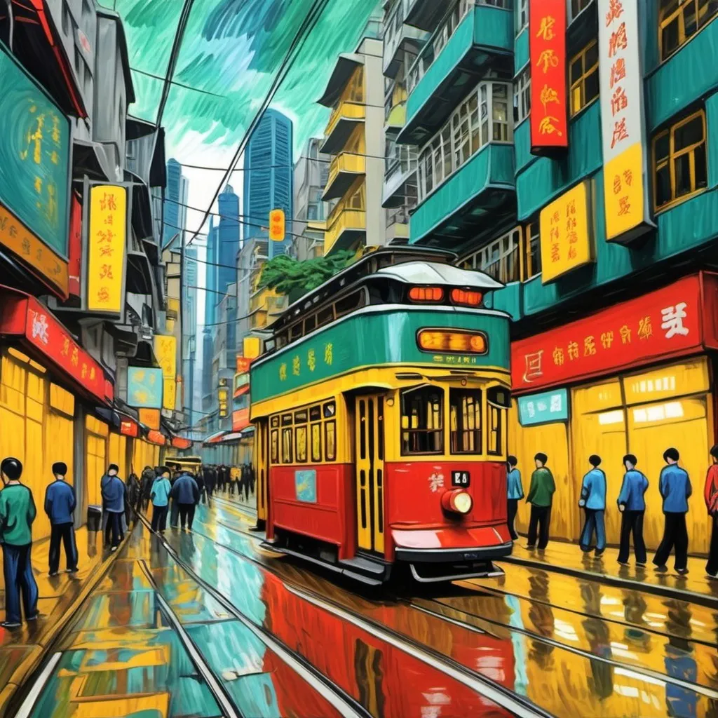 Prompt: Draw Hong Kong street and streetcar in Van Gogh's style