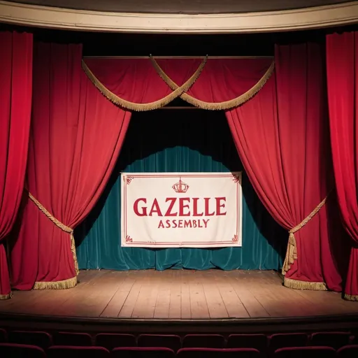 Prompt: A classic theatre stage, with red curtains, a banner in the middle says Gazelle Class assembly