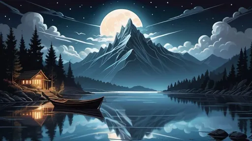 Prompt: fantastical mountain illuminated by the detailed full moonlight graces the sky, illuminating the clouds and stars with soft glow. In the foreground, a body of water reflects light, gentle waves ripple across surface. small boat glides on water. one bridge frame the water. intricately designed using line art, emphasizing their outlines. thick and smooth precise lines and gradient colorfull vibrent coloring, light and shadow adds depth and dimension to compostion
