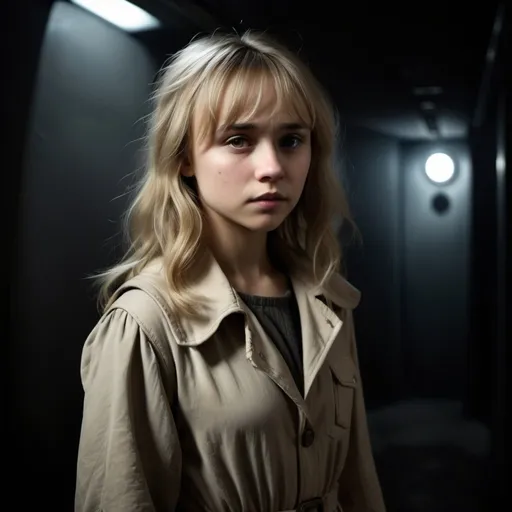 Prompt: Girl who looks like William Moseley dressed as an explorer, beige and light brown clothing, grey eyes, blonde mesy hair with bangs, in a completely dark and black room against a solid back background, illuminated from an eerie dim light above, ghostly, surreal, full body from a distance