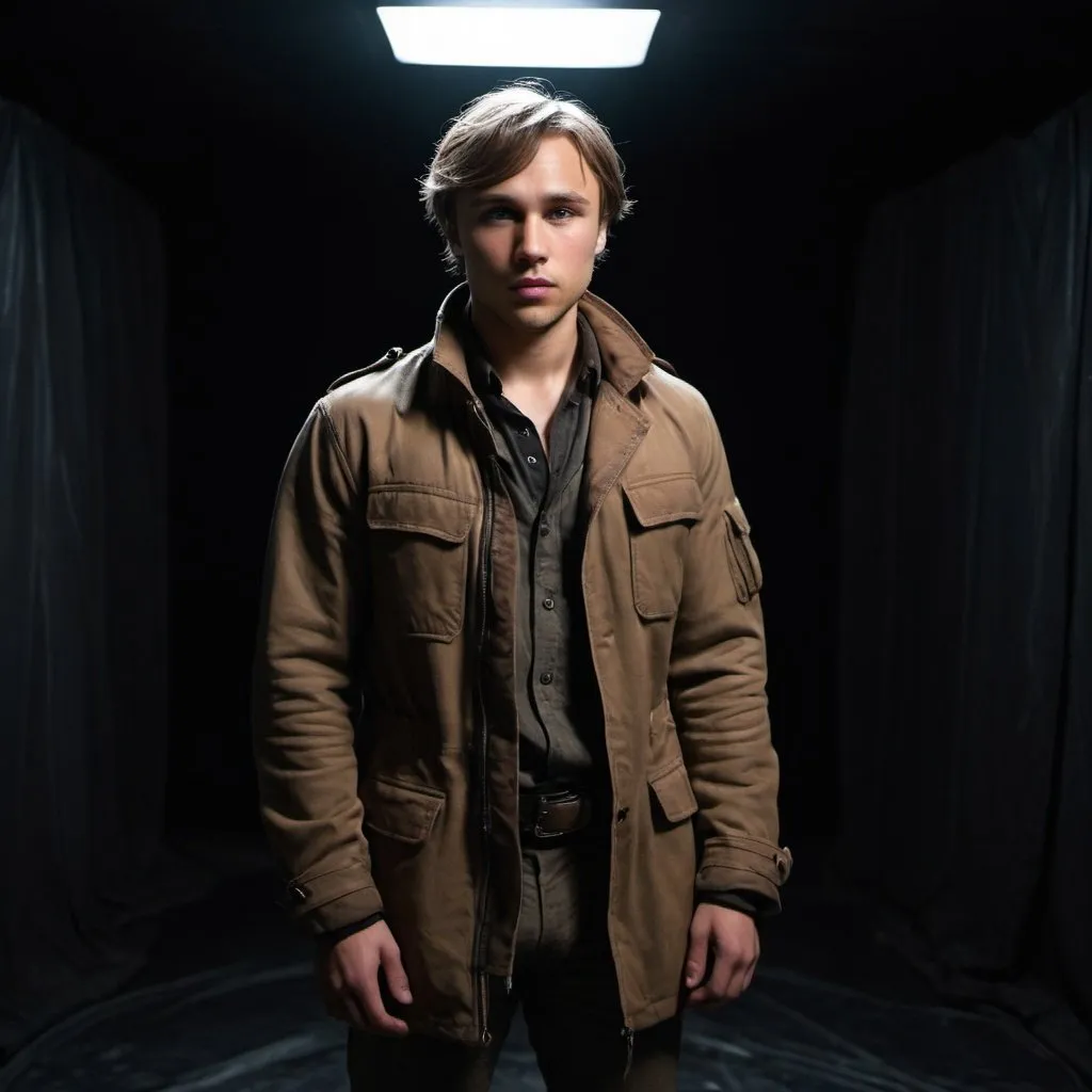 Prompt: william moseley, brown hair, grey eyes, standing far away in the distance, dressed as an explorer, brown jacket, combat boots, in a completely dark and black room against a solid back background, illuminated from an eerie dim light above, ghostly, surreal, full body from a distance, cinematic