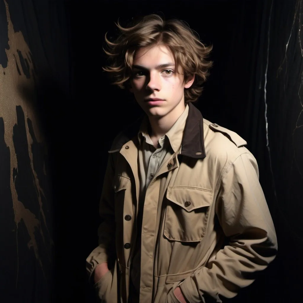 Prompt: teenage Andrew Gardfield dressed as an explorer, beige and light brown clothing, brown eyes, brown messy hair, in a completely dark and black room against a solid back background, illuminated from an eerie dim light above, ghostly, surreal, full body from a distance