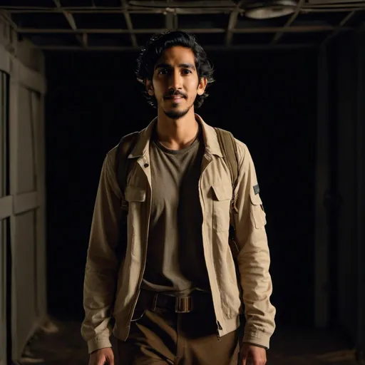 Prompt: young actor Dev Patel, blonde messy hair, brown eyes, he's smiling, standing far away in the distance, dressed as an explorer, beige jacket, white tshirt, backpack, combat boots, in a completely dark and black room against a solid back background, illuminated from an eerie dim light above, ghostly, surreal, full body from a distance, cinematic