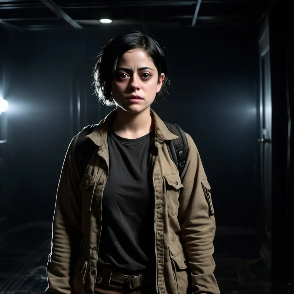 Prompt: actress Rosa Salazar, wavy short black hair, shaved in the side of her head, black eyes, standing far away in the distance, dressed as an explorer, black shirt, dark brown jacket, black backpack, combat boots, in a completely dark and black room against a solid back background, illuminated from an eerie dim light above, ghostly, surreal, full body from a distance, cinematic