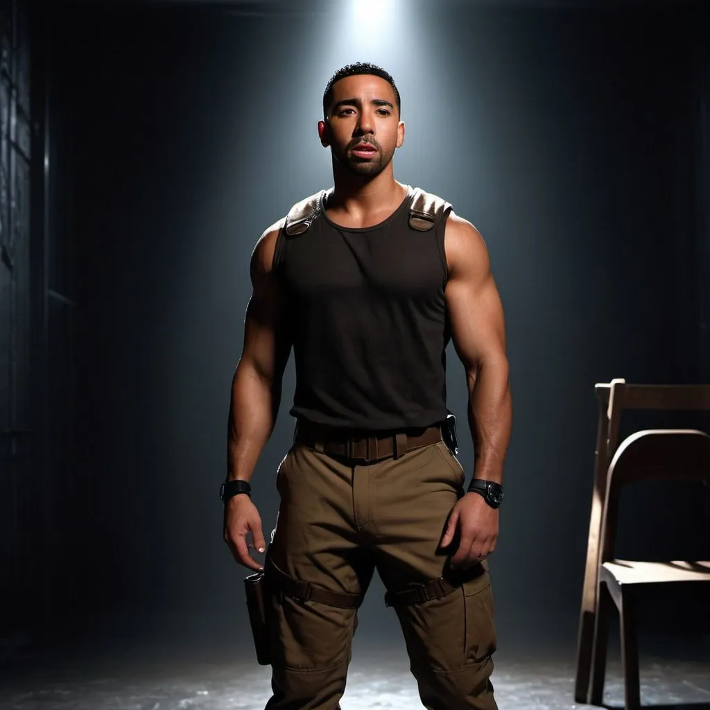 Prompt: actor Christian Keyes, buzzcut, brown eyes, standing far away in the distance, dressed as an explorer, black sleeveless, dark brown pants, combat boots, in a completely dark and black room against a solid back background, illuminated from an eerie dim light above, ghostly, surreal, full body from a distance, cinematic