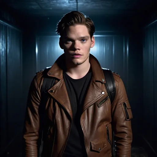 Prompt: actor Dominic Sherwood, black hair, one eye is green the other eye is blue, dressed as an explorer, black LEATHER jacket, brown tshirt, backpack, in a completely dark and black room against a solid back background, illuminated from an eerie dim light above, ghostly, surreal, full body from a distance