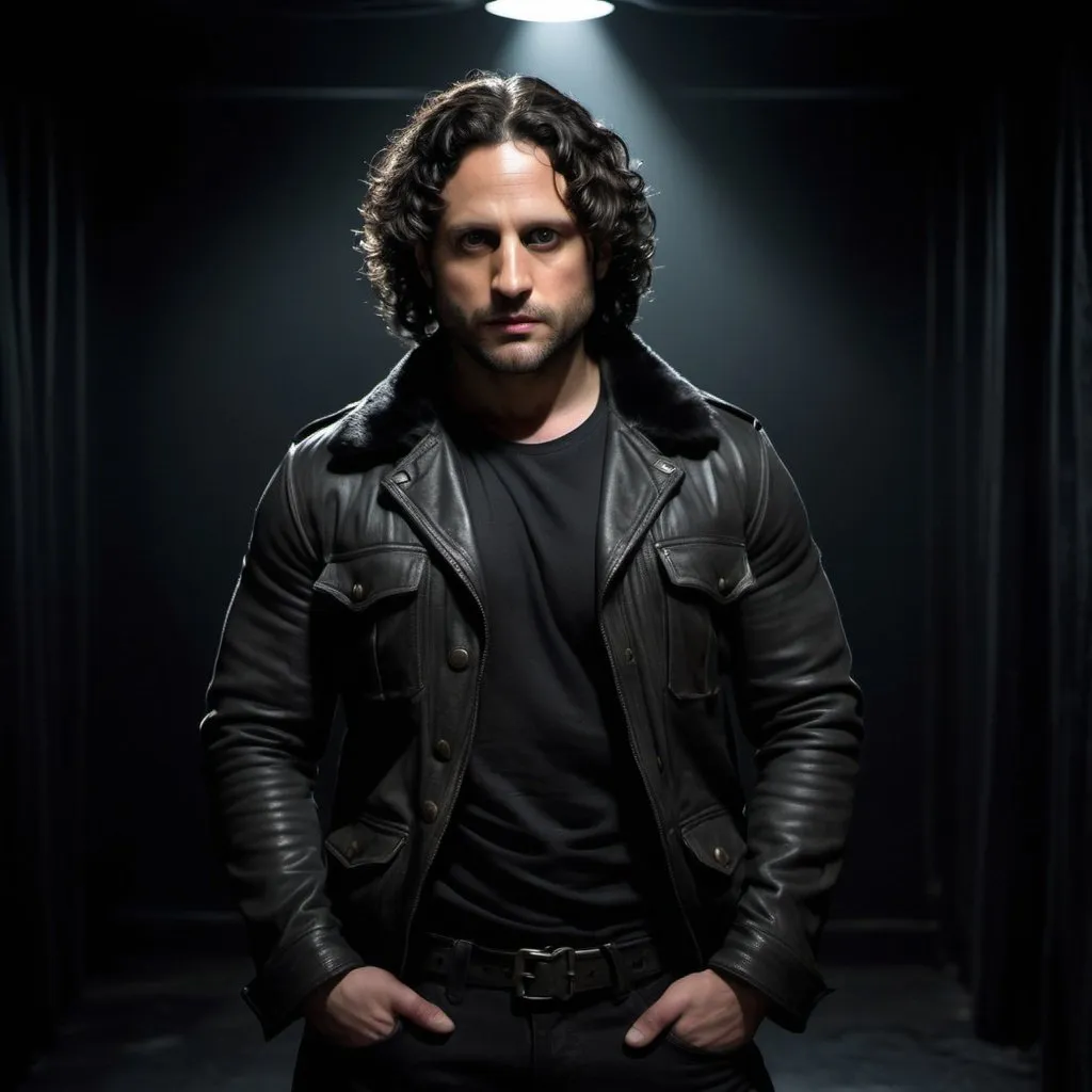 Prompt: handsome actor Edgar Ramirez, black curly long hair, dressed as an explorer, black fur jacket, black tshirt, black jeans, bcombat boots, he's looking suspicious, in a completely dark and black room against a solid back background, illuminated from an eerie dim light above, ghostly, surreal, full body from a distance, not close up