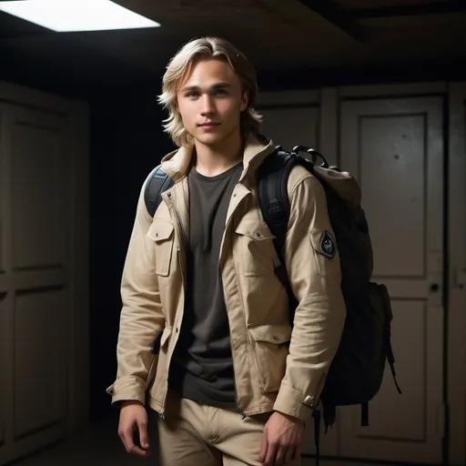 Prompt: william moseley, blonde long hair, grey eyes, he's smiling, standing far away in the distance, dressed as an explorer, beige jacket, white tshirt, backpack, combat boots, in a completely dark and black room against a solid back background, illuminated from an eerie dim light above, ghostly, surreal, full body from a distance, cinematic