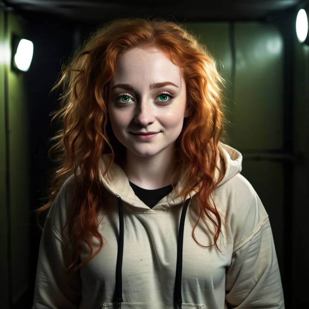 Prompt: fat girl janet devlin, ginger messy hair, dressed as an explorer, white shirt and beige hoodie, green eyes, she's smiling, in a completely dark and black room against a solid back background, illuminated from an eerie dim light above, ghostly, surreal, full body from a distance