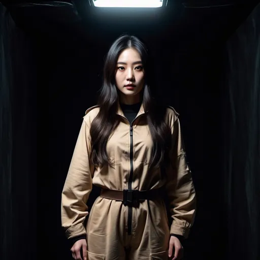 Prompt: actressJieun Kim dressed as an explorer, light brown and beige clothing, black eyes, black straight  long hair, in a completely dark and black room against a solid back background, illuminated from an eerie dim light above, ghostly, surreal, full body from a distance