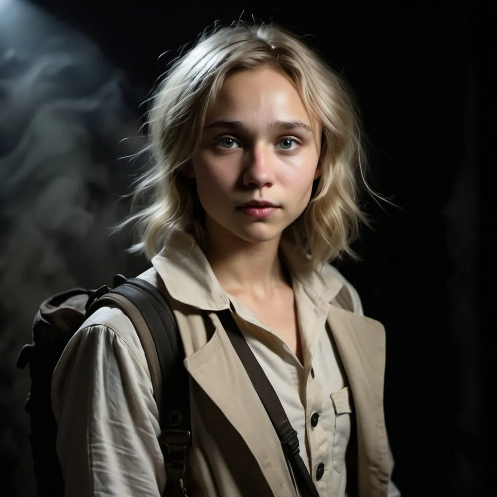 Prompt: Girl who looks like William Moseley dressed as an explorer, white and beige clothing, grey eyes, blonde mesy hair, in a completely dark and black room against a solid back background, illuminated from an eerie dim light above, ghostly, surreal, full body from a distance