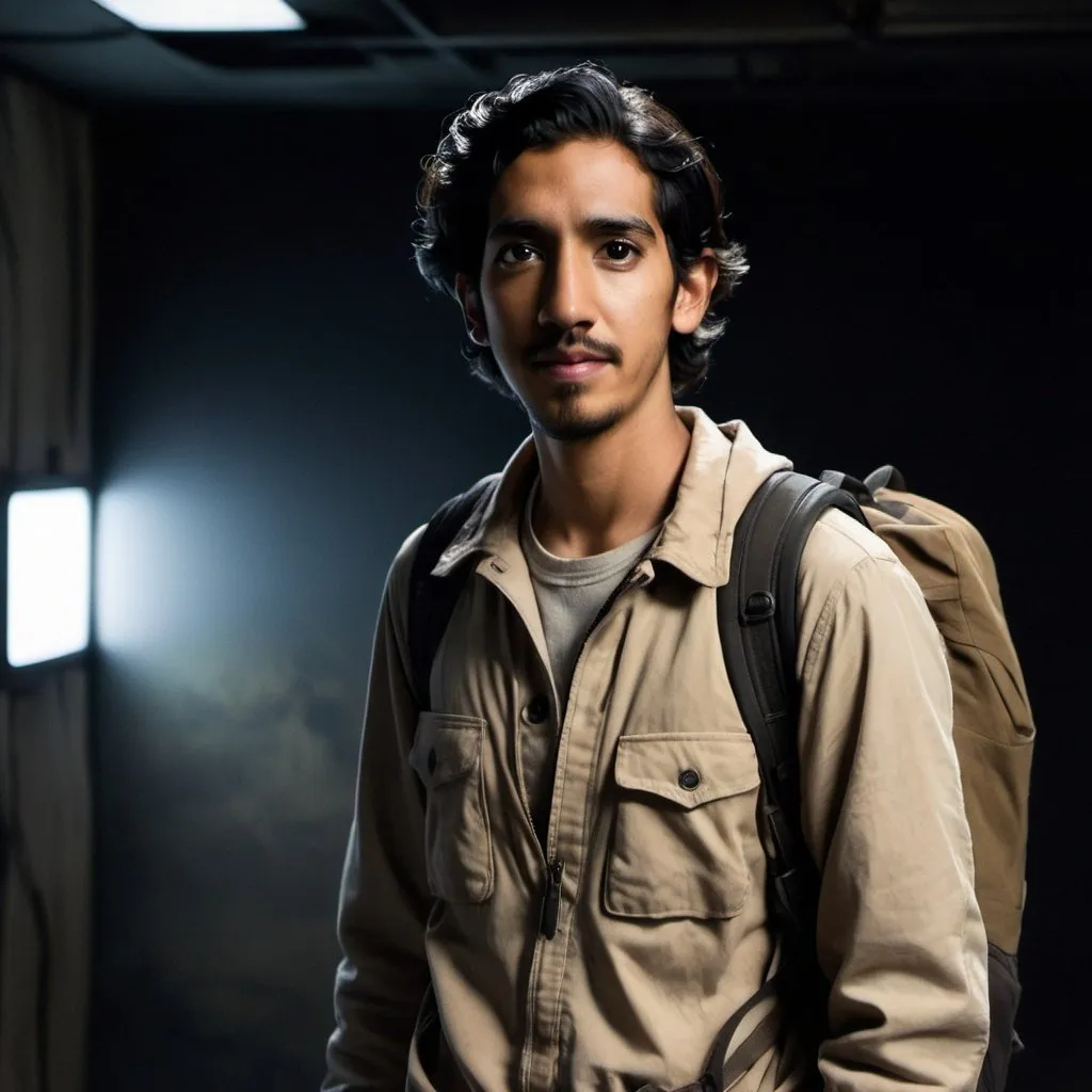 Prompt: young actor Dev Patel, blonde messy hair, brown eyes, he's smiley, standing far away in the distance, dressed as an explorer, beige jacket, white tshirt, backpack, combat boots, in a completely dark and black room against a solid back background, illuminated from an eerie dim light above, ghostly, surreal, full body from a distance, cinematic