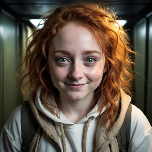 Prompt: fat girl janet devlin, ginger messy hair, dressed as an explorer, white shirt and beige hoodie, light green eyes, she's smiling, in a completely dark and black room against a solid back background, illuminated from an eerie dim light above, ghostly, surreal, full body from a distance