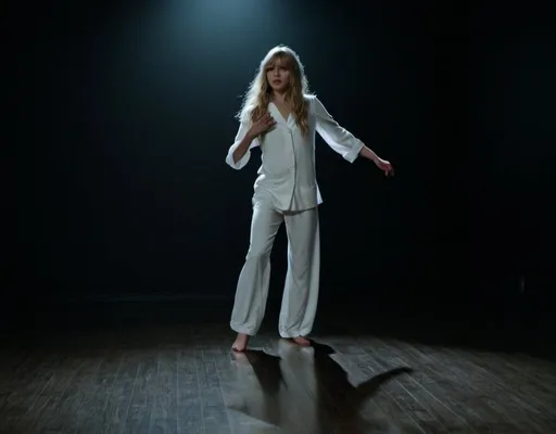 Prompt: Girl who looks like William Moseley, blonde long hair WITH BANGS, grey eyes, SHE'S WEARING WHITE PAJAMAS, SHE'S DANCING, in a completely dark and black room BUT CONTEMPORARY against a solid back background, illuminated from an eerie dim light above, ghostly, surreal, full body from a distance, cinematic