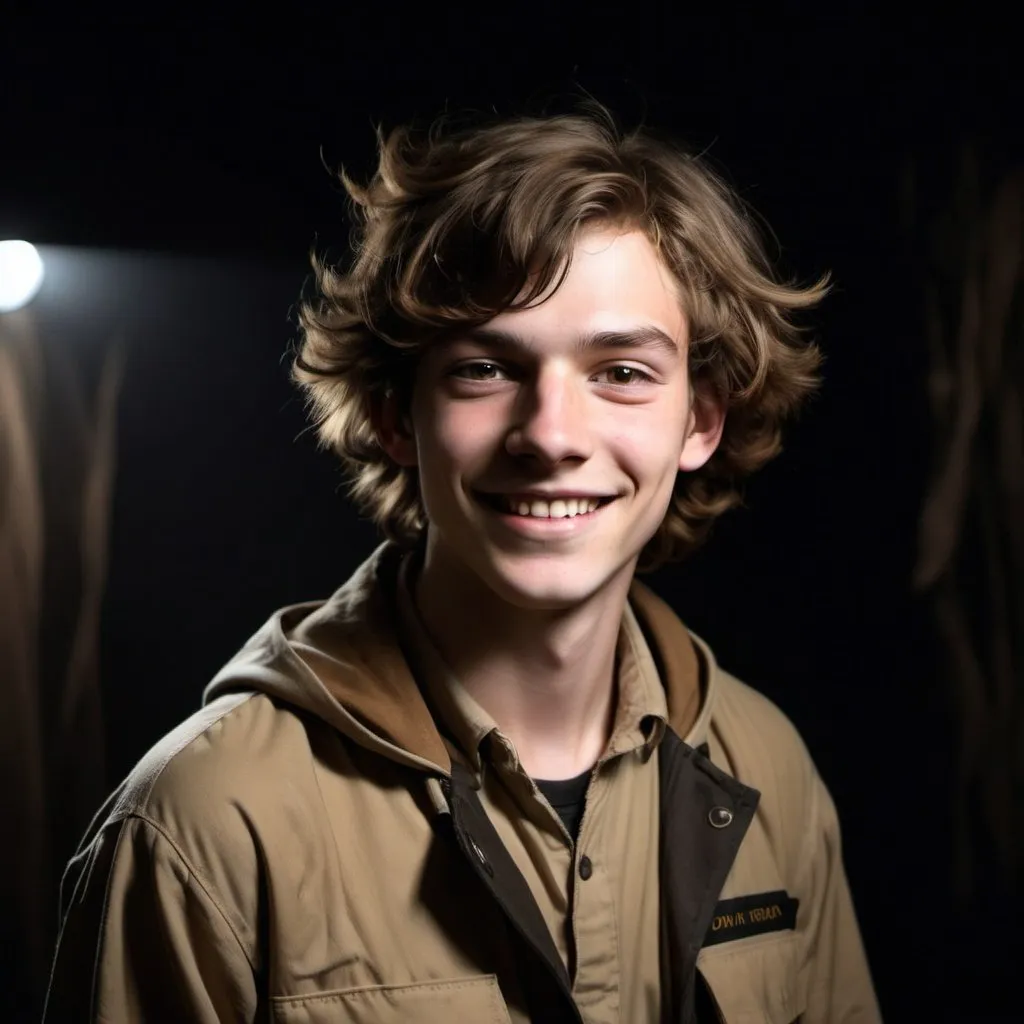 Prompt: teenage Andrew Gardfield dressed as an explorer, smiling, beige and light brown clothing, brown eyes, brown messy hair, in a completely dark and black room against a solid back background, illuminated from an eerie dim light above, ghostly, surreal, full body from a distance