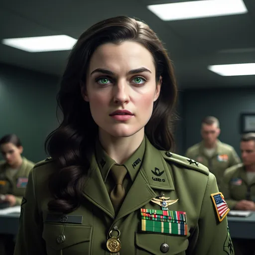 Prompt: Katie McGrath, realistic portrait of beautiful female US Military Sergeant of petite stature, with dark brown hair and green eyes. (Katie McGrath), wearing green us military outfit with some medals, pretty face, standing in military operations room, photorealistic, 8k, trending on Artstation, pixiv, dim lighting, detailed, dark colors, dramatic,