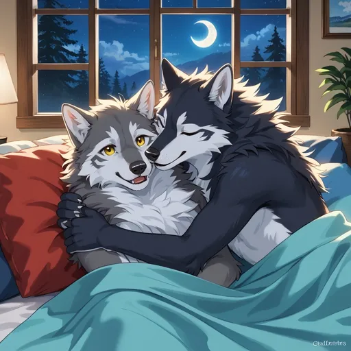 Prompt: anime style, (cuddling wolf furries), adorable and whimsical scene, both male, warm and cozy ambiance, soft blankets and pillows, gentle moonlight filtering through a window, (aesthetically pleasing decor), vibrant colors and cuddly expressions, tranquil atmosphere, exquisite details in fur textures, high-quality ultra-detailed illustration, charming sleepover vibes.